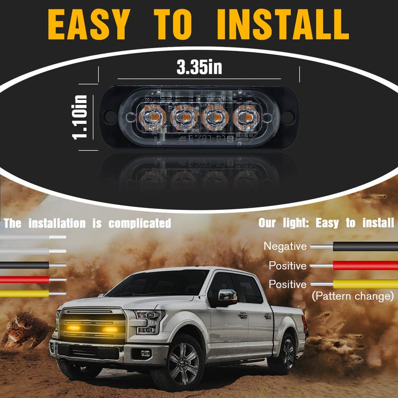 DIBMS 4x LED Emergency Strobe Lights Bar, 4 LED Amber Yellow Warning Flashing Caution Construction Hazard Light Bar For Car Truck Van Off Road Vehicle ATV SUV - Image 5